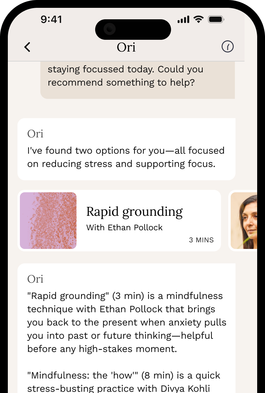 Ori AI coach recommending short sessions in the WONE app