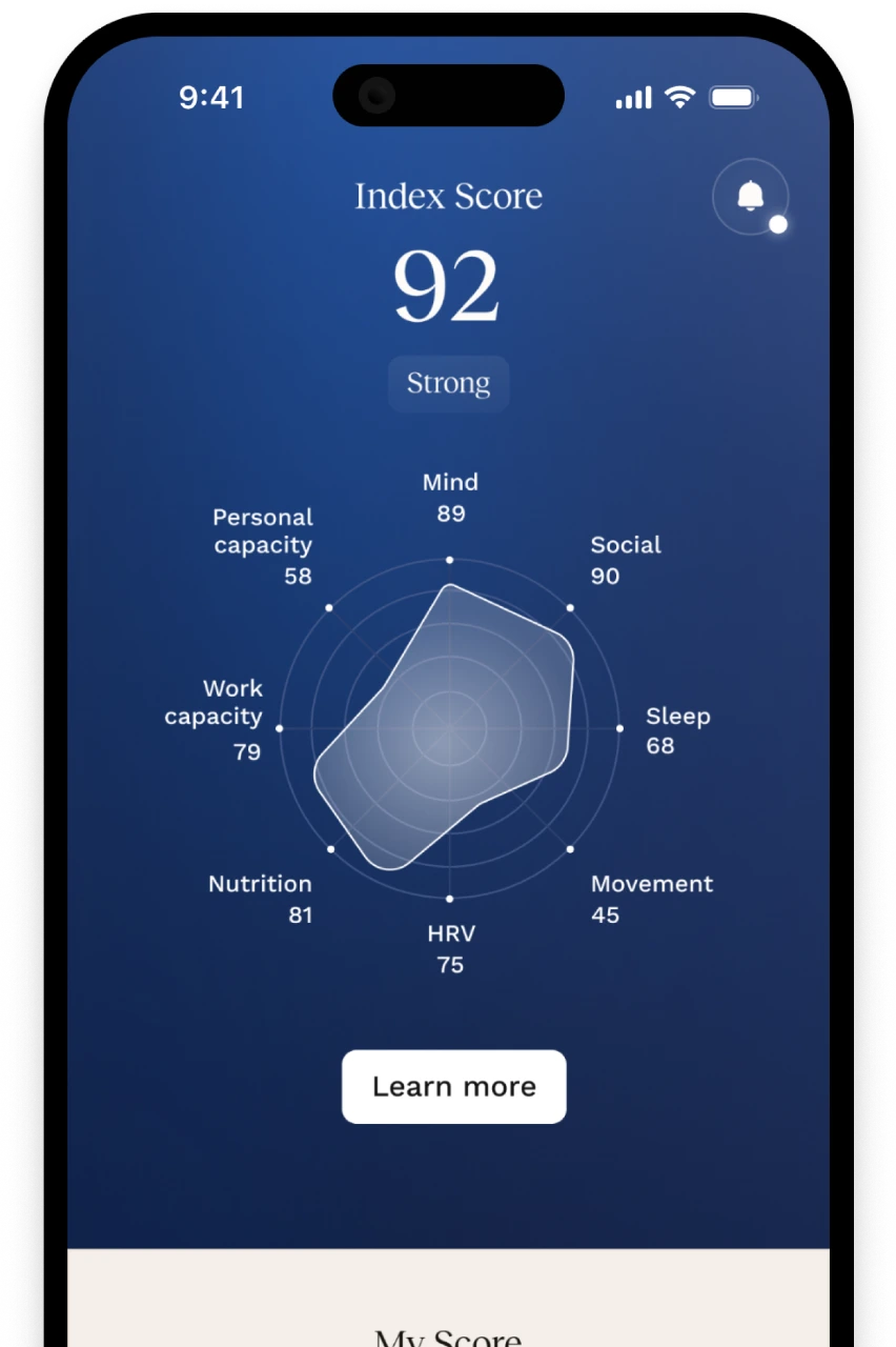 WONE app Index score screen showing an overall score and its dimensions